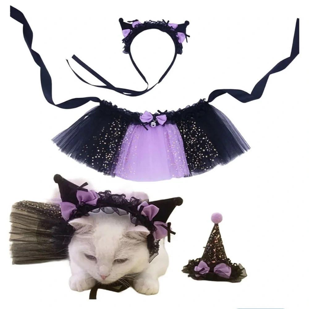 Witch Costume for Cat Kitten, size Medium ,Witch's Hat & Black Tutu Skirt